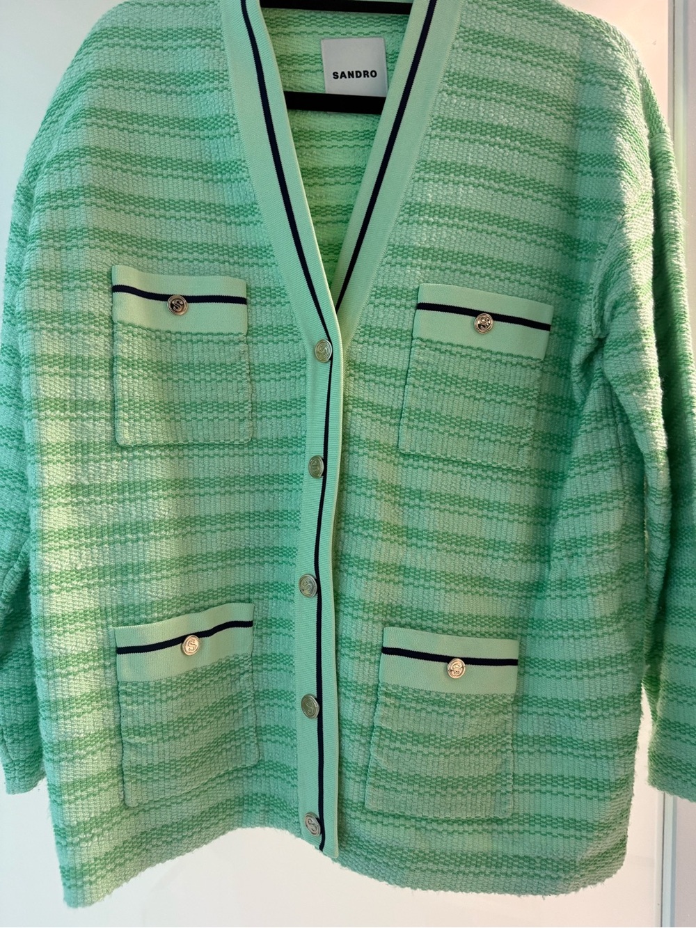 Sandro Mint Green Tweed Cardigan with Navy-Trim